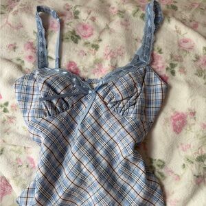 No Boundaries Blue Plaid Lace-Trim Sleep Cami